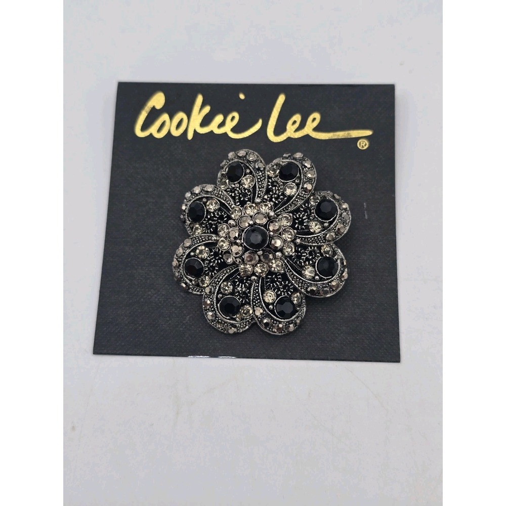Cookie Lee Genuine Crystal Brooch Silver Tone Clear & Black Rhinestones New Pin